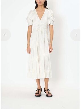 Ulla Johnson Cream V-Neck Tiered Midi Dress with Puff Sleeves